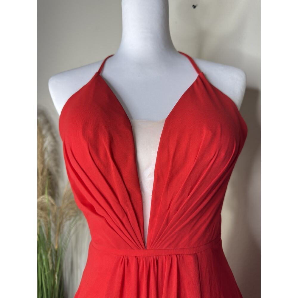 FAVIANA Women's Illusion Plunge Chiffon Gown Red Prom Maxi Dress V Neck Formal 0 - Picture 5 of 8